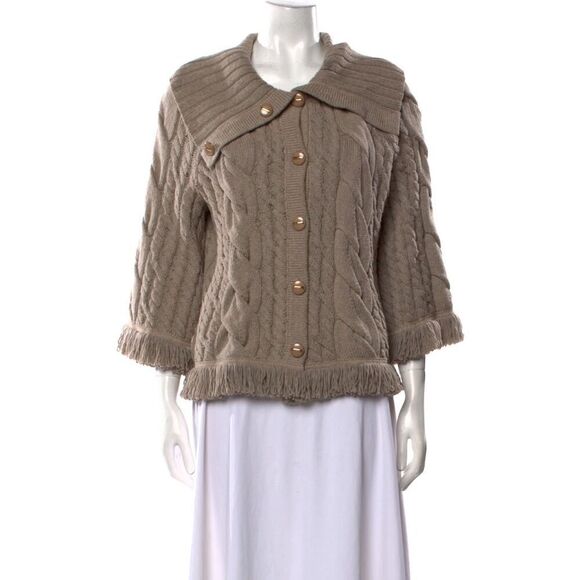 St. John Taupe Braided 3/4 Sleeve Fringe Cardigan Blazer Shawl Collar small - Picture 1 of 5